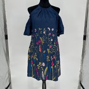 London‎ Times Blue Chambray Floral Embroidery Cold Shoulder Dress US 6 Small